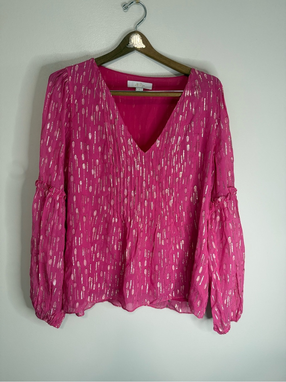 Lilly Pulitzer Hot Pink Metallic Dot V-Neck Long Sleeve Top size 12